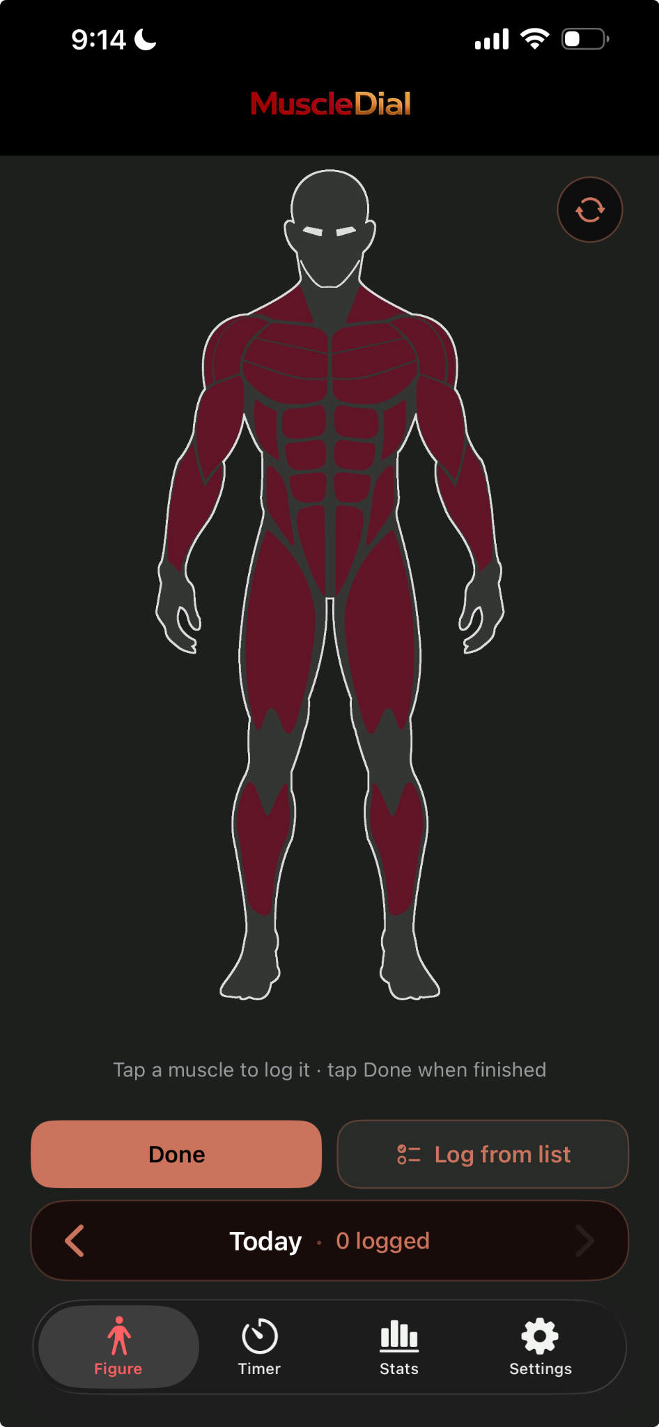 MuscleDial Log by tap mode on the Figure tab
